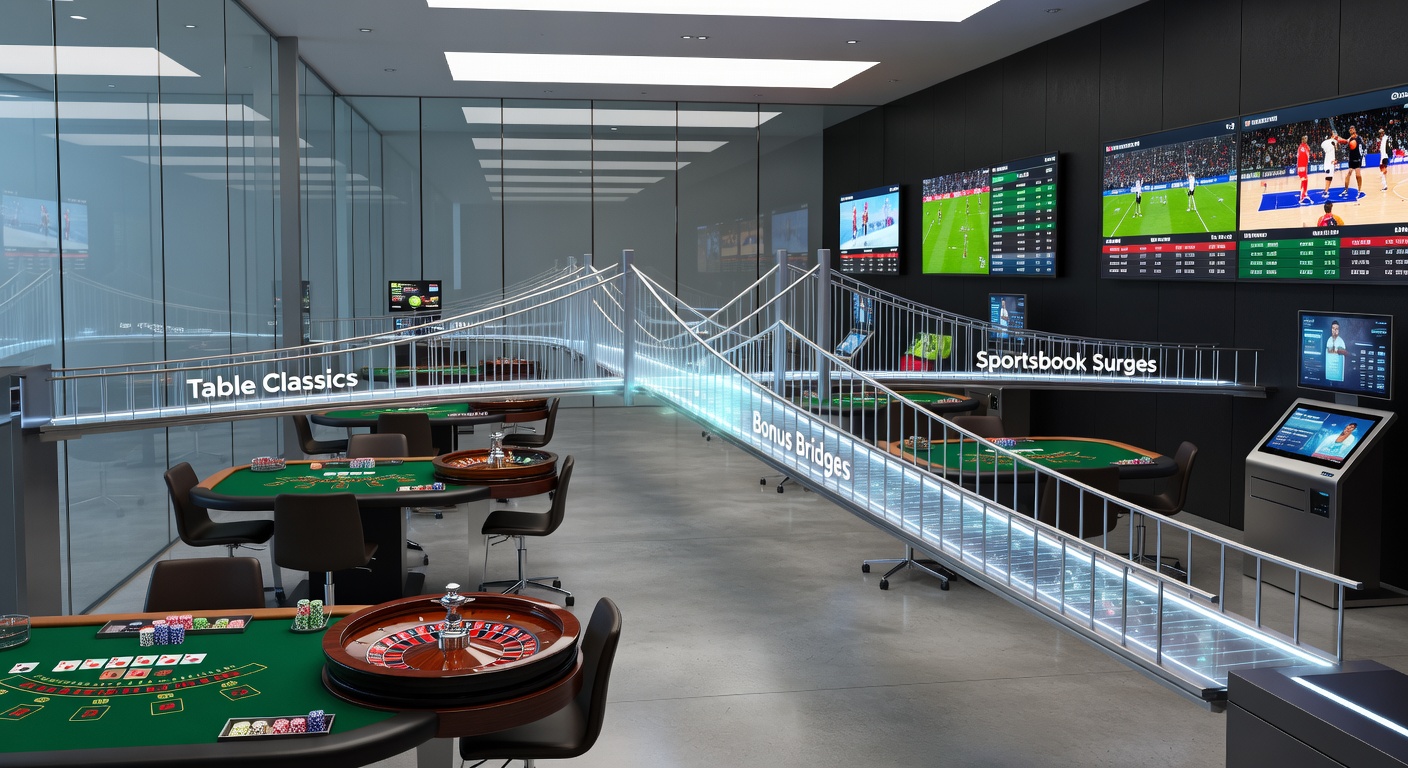 Dynamische Illustration von Bonusströmen, die von einem Poker-Tisch zu einem Stadion mit Wettsymbolen fließen