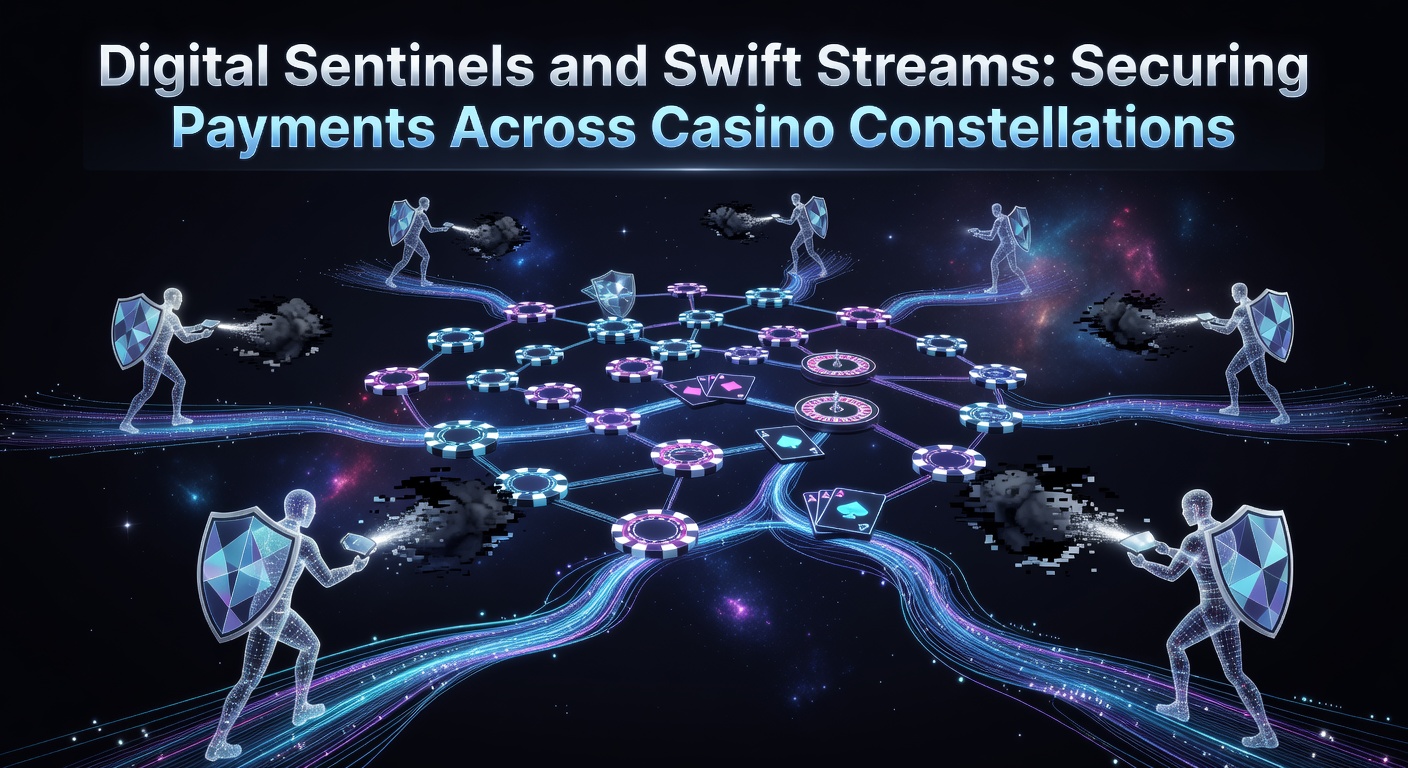 Digitale Sicherheitswächter überwachen Zahlungsströme in einem Netzwerk aus Online-Casinos, symbolisiert durch leuchtende Schilde und fließende Datenströme