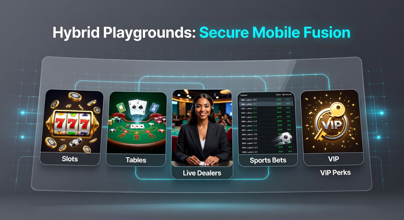 Smartphone mit hybrider Casino-App, die Slots, Live-Dealer und Sportwetten nahtlos kombiniert, umgeben von Sicherheitsikonen wie Schloss und Zertifikaten