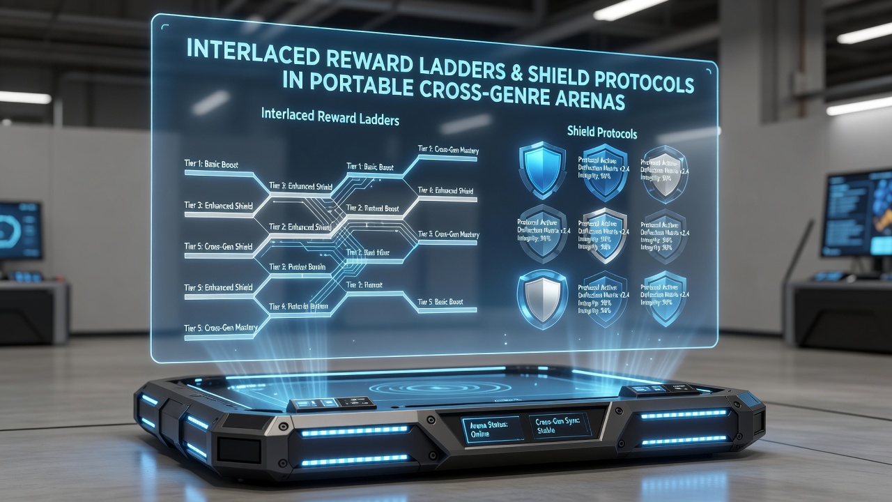 Illustration von Shield-Protokollen und mobilen Verifizierungssystemen in Cross-Genre-Arenen